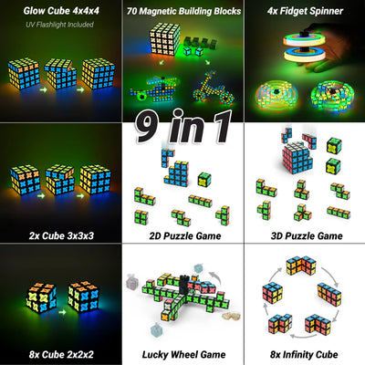 TOSY Magnet Cube 4x4 9-in-1 feature matrix showing Glow Cube 4x4x4, 70 magnetic blocks, 4x fidget spinners, 3D puzzle, and infinity cubes