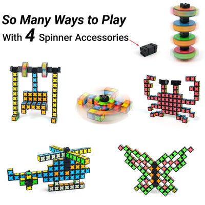 Multiple play modes utilizing 4 spinner accessories to build spinning toys, mechanical structures, and animals with TOSY Magnet Cube 4x4