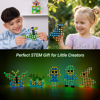 Boy and girl smiling while playing with TOSY Magnet Cube 4x4 to build creative figures as an ideal educational STEM gift