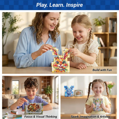 Children and adults playing with colorful building blocks in a home setting, with text 'Play. Learn. Inspire' at the top.