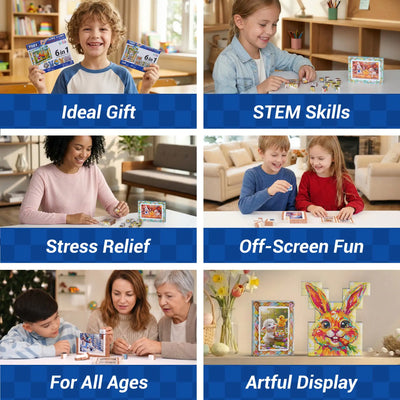 Collage of children engaging with educational toys and activities, highlighting various benefits.