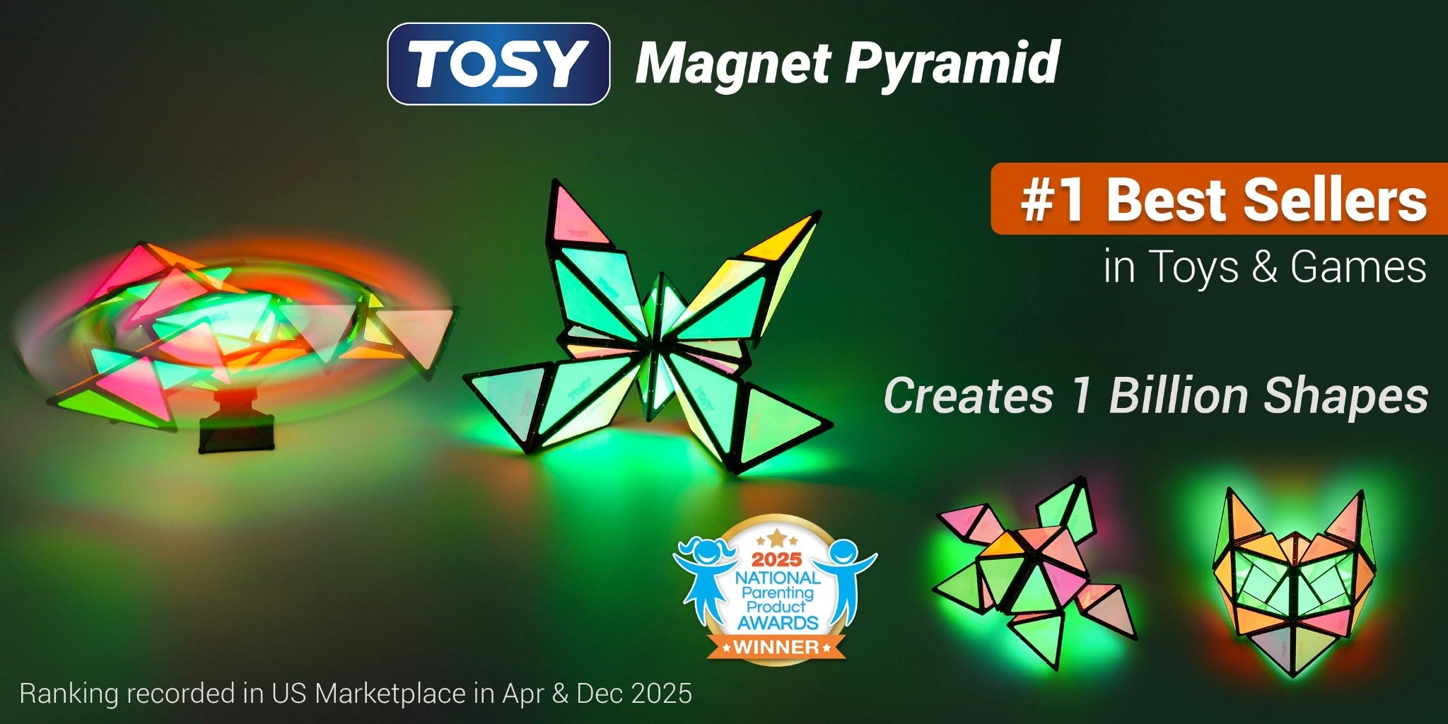 TOSY Magnet Pyramid glowing magnetic building toy creating multiple colorful shapes with #1 Best Sellers badge in Toys & Games