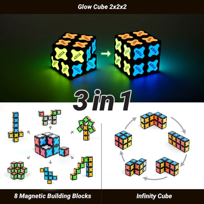 Glow Cube 2x2x2 with magnetic building blocks and infinity cube features on a dark background