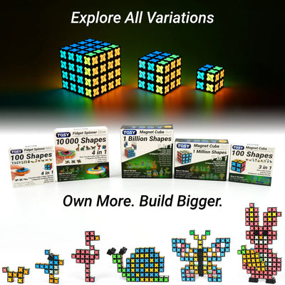 TOSY fidget spinner and magnet cube toys with packaging and assembled shapes on a dark background.
