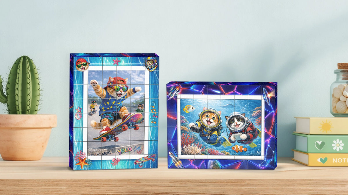 Load video: TOSY Picture Cube Adventure Cats puzzle video showcasing 6-in-1 image transformation and room decoration display