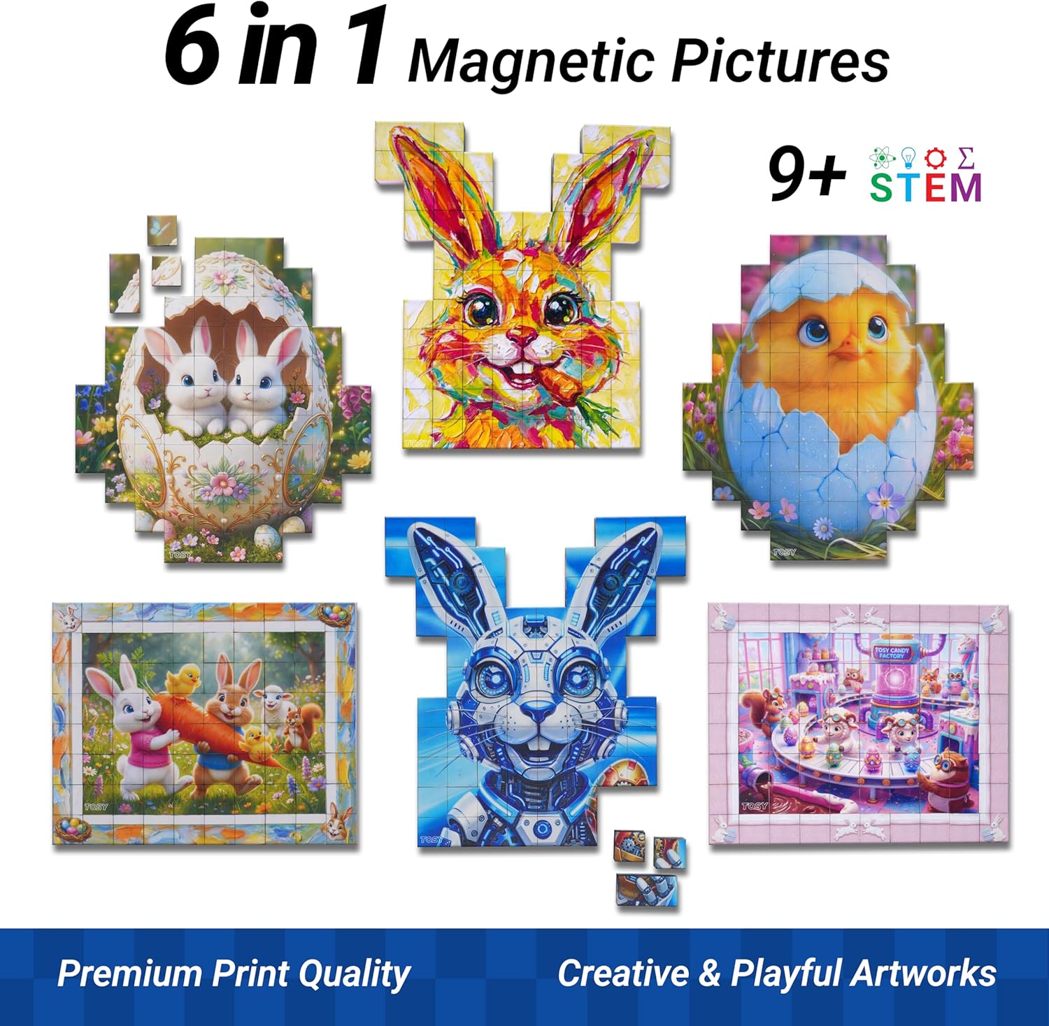 Set of 6 magnetic picture puzzles with various designs on a white background.