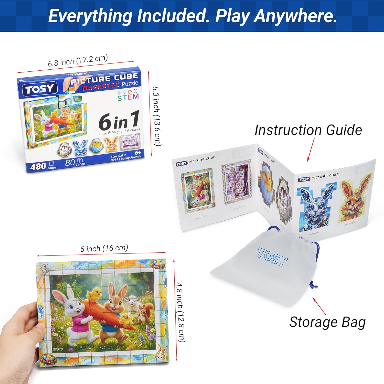 TOSY Picture Cube educational toy set with packaging, instruction guide, and storage bag on a white background.