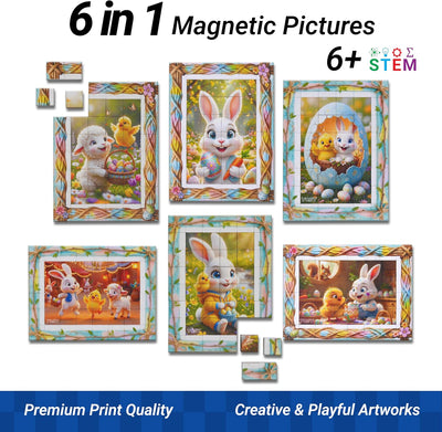 Set of 6 magnetic picture puzzles featuring cartoon characters on a white background.