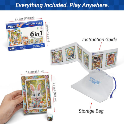 TOSY Picture Cube Puzzle set with packaging, instruction guide, and storage bag on a white background.