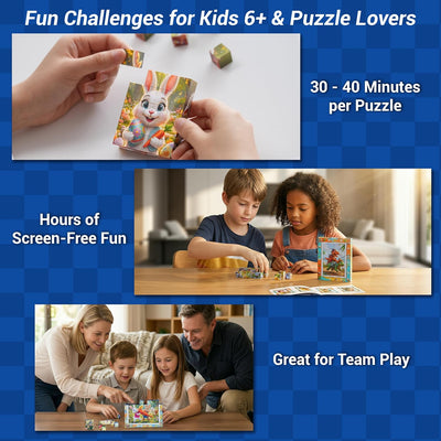 Promotional image for a puzzle game with children playing and text highlighting features.