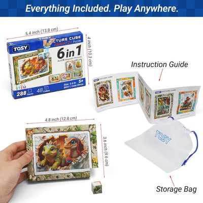 TOSY Picture Cube 6-in-1 puzzle set with packaging, instruction guide, and storage bag on a white background.