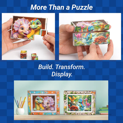 Children's dinosaur-themed puzzle set with building, transforming, and displaying capabilities.