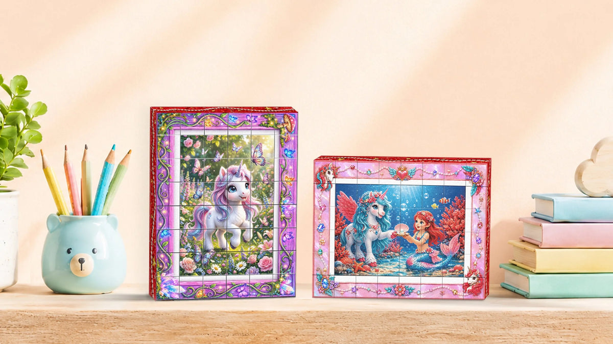 Load video: TOSY Picture Cube Fairy Unicorns video showing how to solve a 3D magnetic puzzle and transform 1 image into 6 fairy unicorn pictures for shelf decor