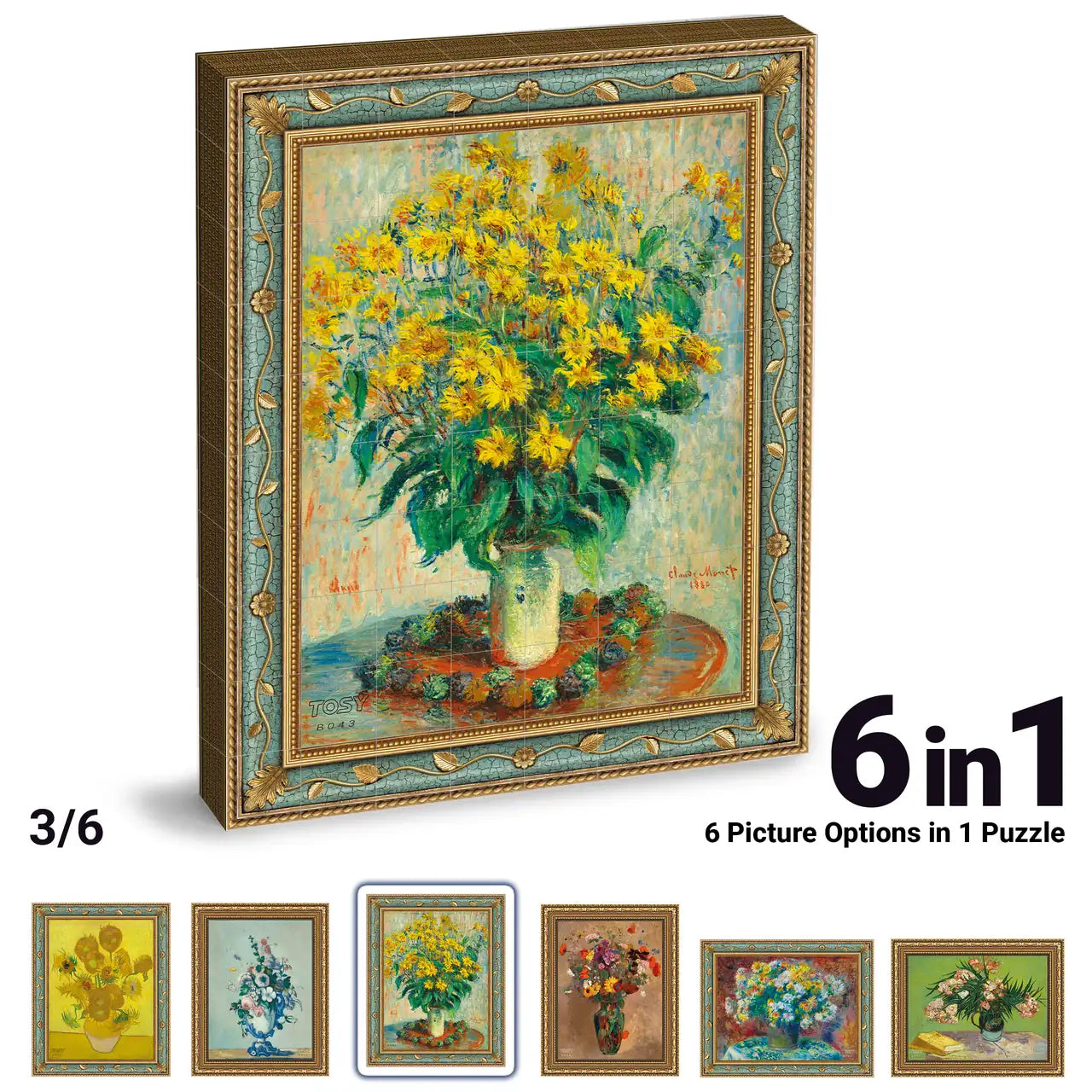 Third artwork option in the TOSY Picture Cube Flora magnetic puzzle featuring a yellow flower bouquet painting