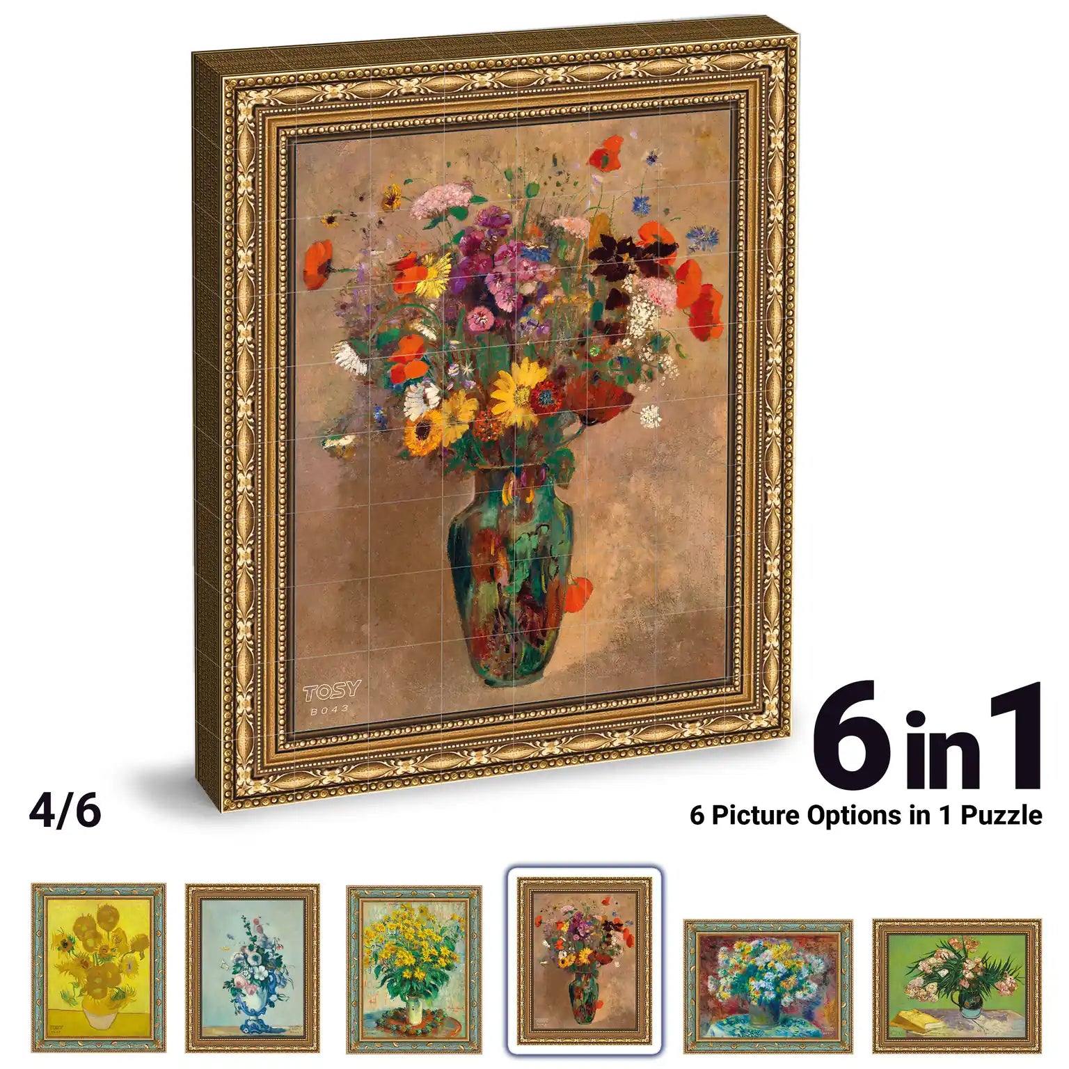 TOSY Picture Cube Flora magnetic puzzle displaying a colorful flower bouquet artwork with six picture options