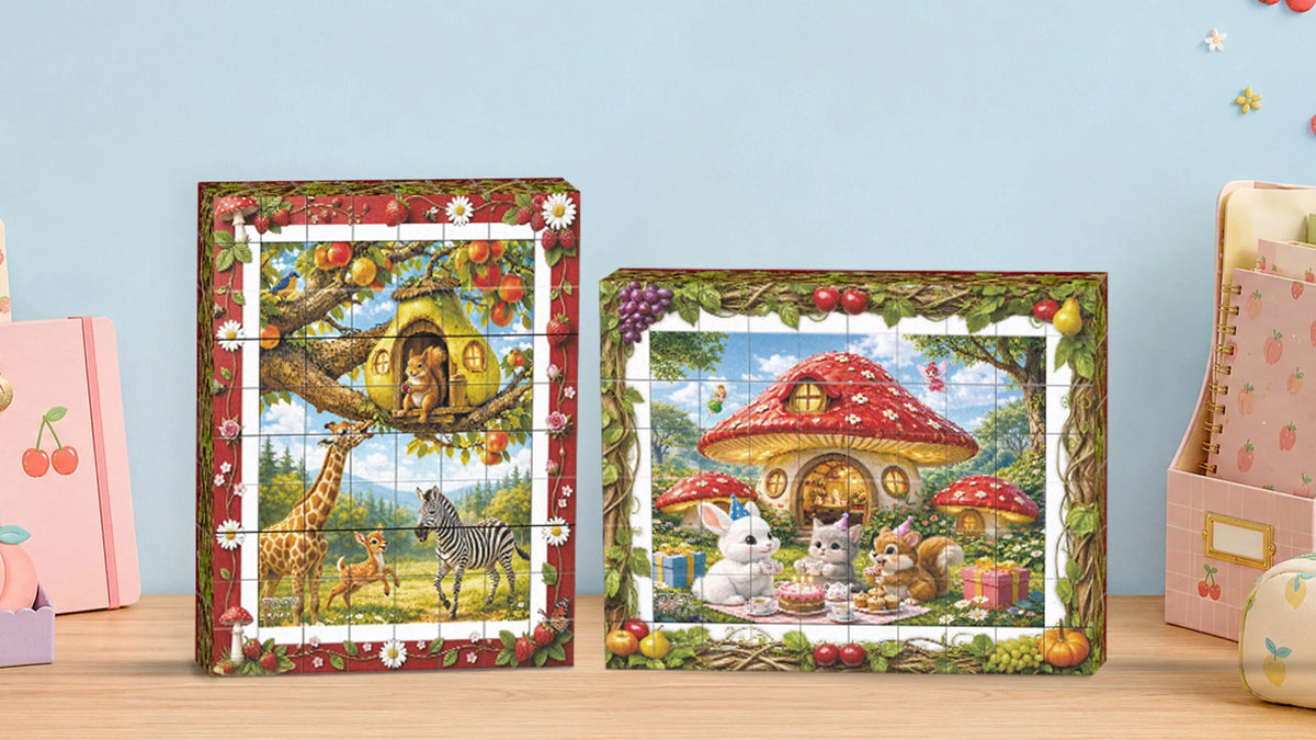 Load video: Demonstration of TOSY Picture Cube Fruity Wonderland magnetic blocks shape-shifting into 6 different artworks on display