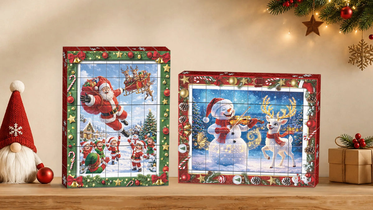 Load video: TOSY Picture Cube Playful Santa magnetic puzzle video showcasing 6-in-1 image transformation and room decoration display